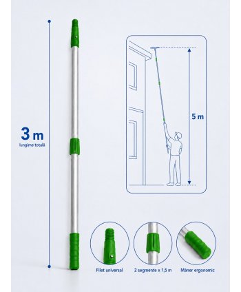 Mâner Telescopic Profesional din Aluminiu pentru  Curățenie la Înălțime - 3 metri (2 buc x 1,5 metri)