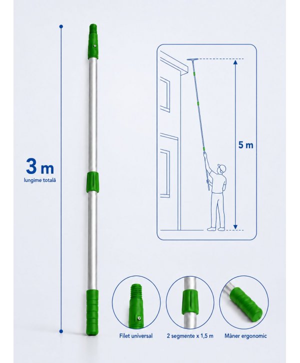 Mâner Telescopic Profesional din Aluminiu pentru Curățenie la Înălțime - 3 metri (2 buc x 1,5 metri) Mâner Telescopic Profesional din Aluminiu pentru Curățenie la Înălțime - 3 metri (2 buc x 1,5 metri)