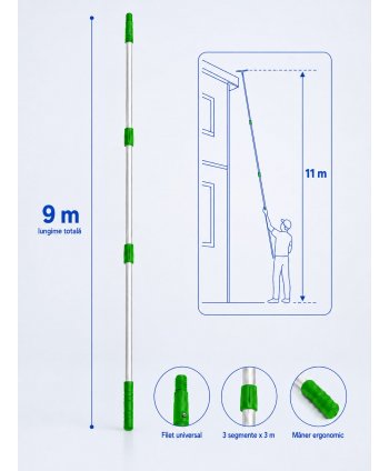 Mâner Telescopic Profesional din Aluminiu pentru  Curățenie la Înălțime Extrema - 9 metri (3 buc x 3 metri)