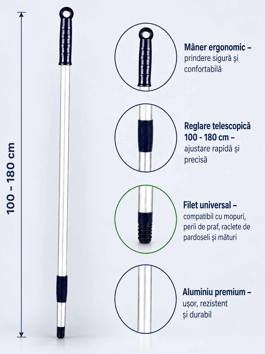 Mâner telescopic Profesional din Aluminiu, Reglabil (100 - 180 cm) pentru Mopuri, Perii de Praf, Mături, Raclete de Pardoseli