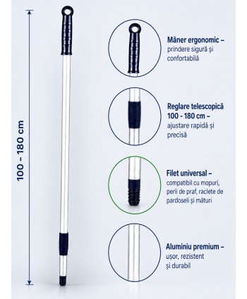 Mâner telescopic Profesional din Aluminiu, Reglabil (100 - 180 cm) pentru Mopuri, Perii de Praf, Mături, Raclete de Pardoseli