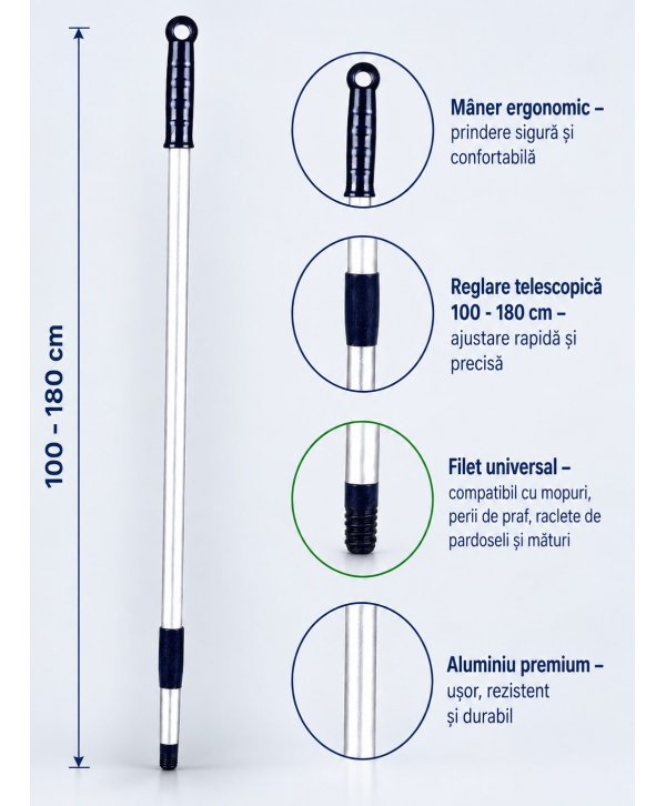 Mâner telescopic Profesional din Aluminiu, Reglabil (100 - 180 cm) pentru Mopuri, Perii de Praf, Mături, Raclete de Pardoseli Mâner telescopic Profesional din Aluminiu, Reglabil (100 - 180 cm) pentru Mopuri, Perii de Praf, Mături, Raclete de Pardoseli