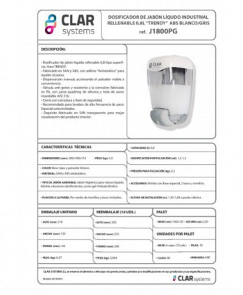 Dozator de sapun lichid Clar Systems din gama Trendy, ABS antistatic alb, 800 ml, rezervor cu reumplere, Spania