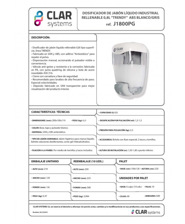 Dozator de sapun lichid Clar Systems din gama Trendy, ABS antistatic alb, 800 ml, rezervor cu reumplere, Spania Dozator de sapun lichid Clar Systems din gama Trendy, ABS antistatic alb, 800 ml, rezervor cu reumplere, Spania