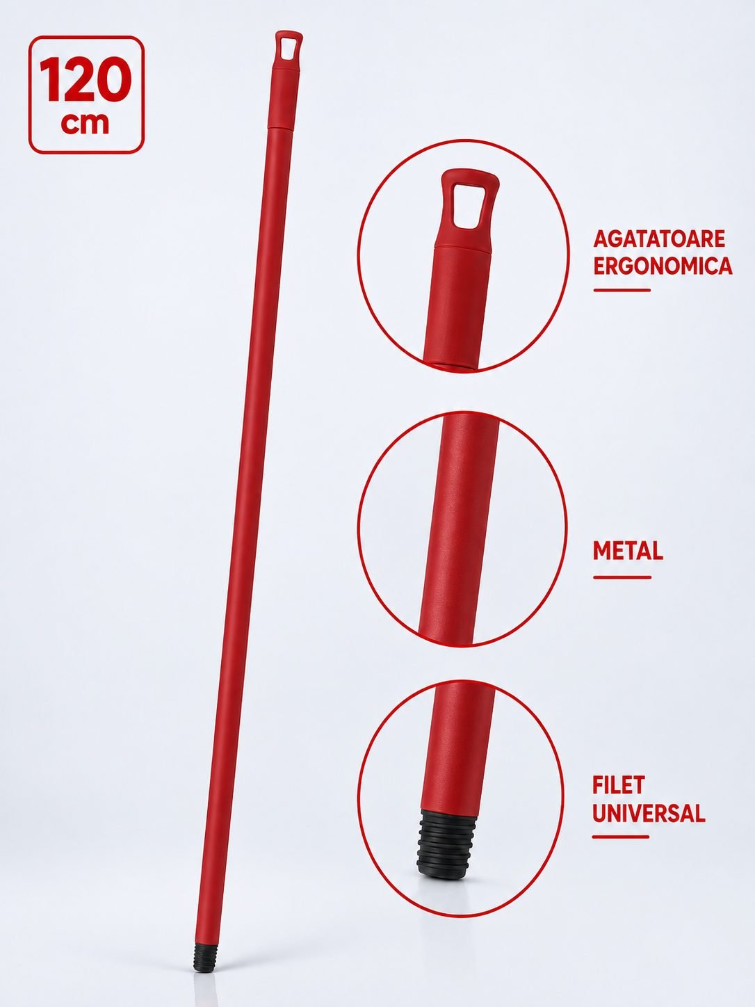 Mâner metalic ergonomic pentru mopuri, mături și raclete, 120 cm, Roșu – Compatibilitate universală și igienă garantată