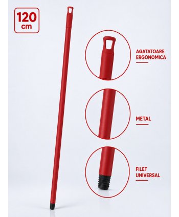 Mâner metalic ergonomic pentru mopuri, mături și raclete, 120 cm, Roșu – Compatibilitate universală și igienă garantată