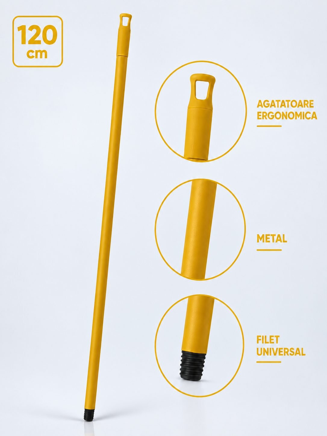 Mâner metalic ergonomic pentru mopuri, mături și raclete, 120 cm, Galben – Compatibilitate universală și igienă garantată