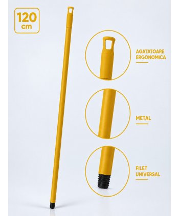 Mâner metalic ergonomic pentru mopuri, mături și raclete, 120 cm, Galben – Compatibilitate universală și igienă garantată