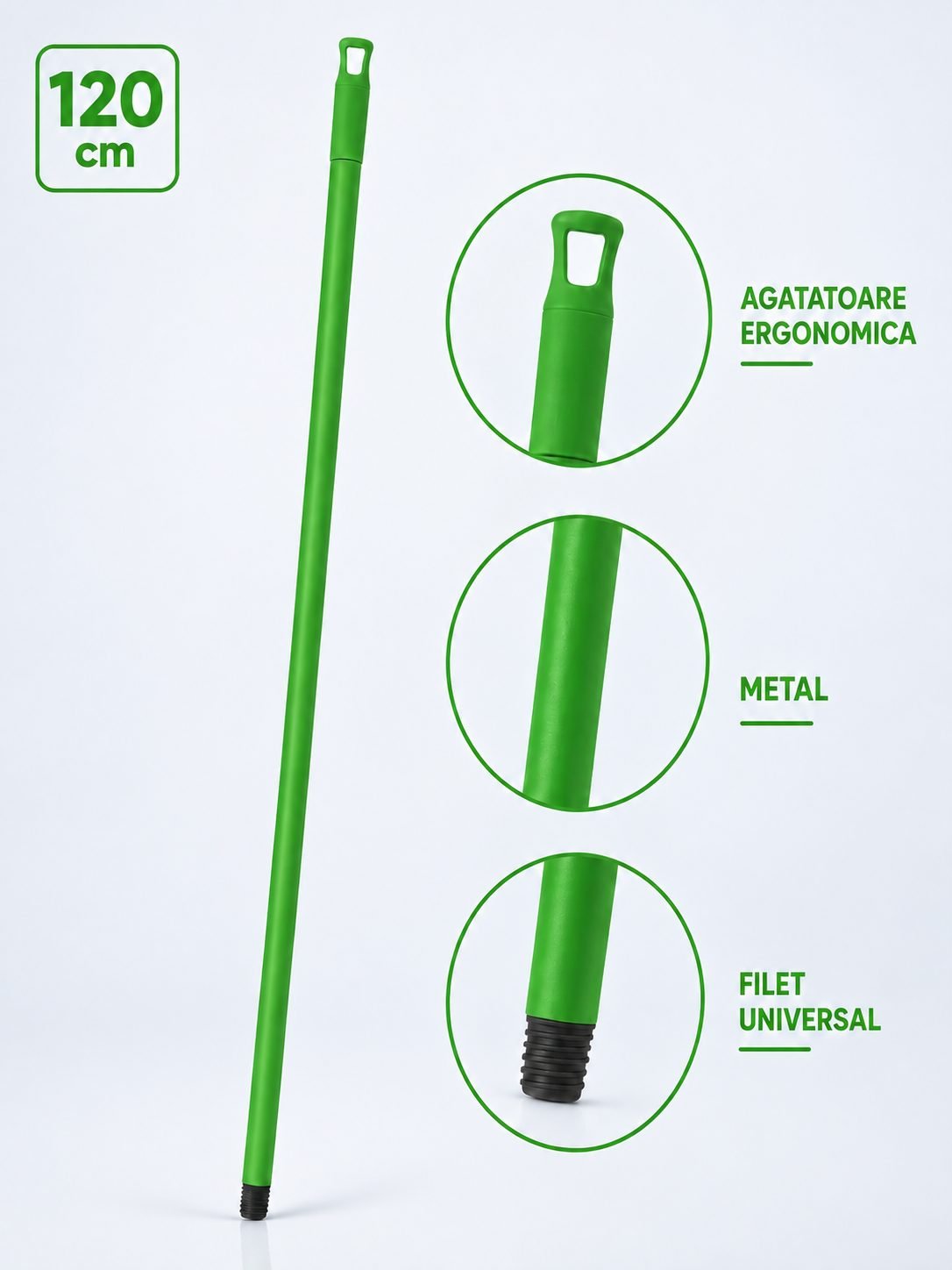 Mâner metalic ergonomic pentru mopuri, mături și raclete, 120 cm, Verde – Compatibilitate universală și igienă garantată