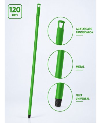 Mâner metalic ergonomic pentru mopuri, mături și raclete, 120 cm, Verde – Compatibilitate universală și igienă garantată