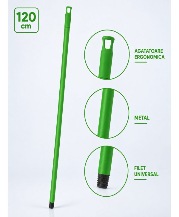 Mâner metalic ergonomic pentru mopuri, mături și raclete, 120 cm, Verde – Compatibilitate universală și igienă garantată Mâner metalic ergonomic pentru mopuri, mături și raclete, 120 cm, Verde – Compatibilitate universală și igienă garantată
