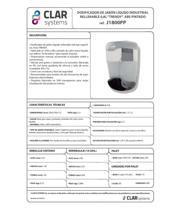 Dozator de sapun lichid Clar Systems din gama Trendy, ABS antistatic metalizat, 800 ml, rezervor cu reumplere, Spania