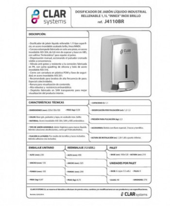 Dozator din inox pentru sapun lichid, finisaj lucios, design minimalist din gama INNEX de la Clar Systems, 1100 ml