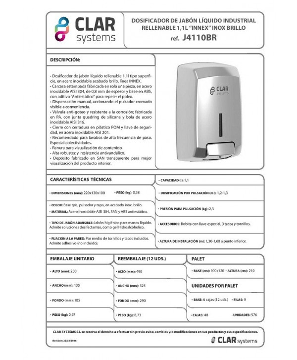 Dozator din inox pentru sapun lichid, finisaj lucios, design minimalist din gama INNEX de la Clar Systems, 1100 ml Dozator din inox pentru sapun lichid, finisaj lucios, design minimalist din gama INNEX de la Clar Systems, 1100 ml