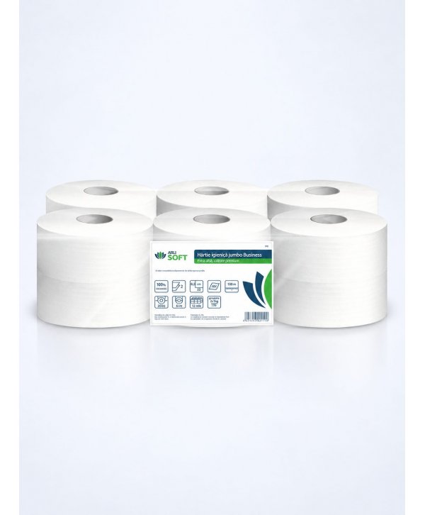 Hârtie Igienică Jumbo, ArliSoft® Business - 100% celuloza, 2 str, 400 grame, 575 portii, 121 metri, 12 role/box Hârtie Igienică Jumbo, ArliSoft® Business - 100% celuloza, 2 str, 400 grame, 575 portii, 121 metri, 12 role/box