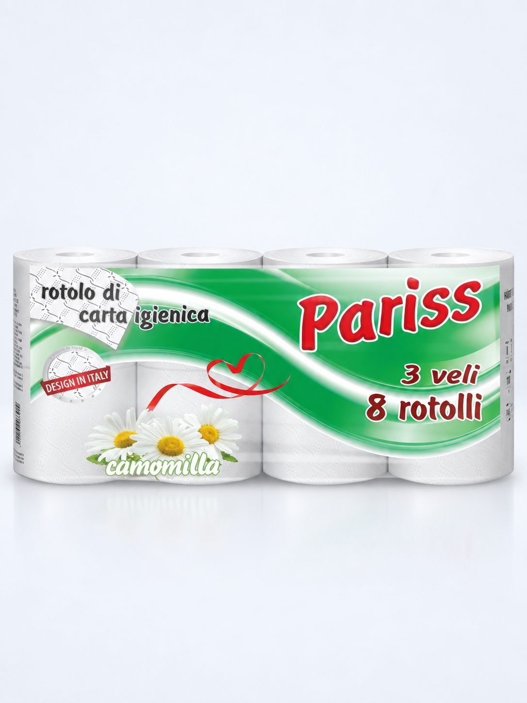 Hârtie Igienică PARISS – 3 Straturi | 100% Celuloză | 8 Role | Parfum Mușețel