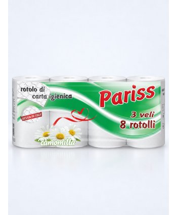 Hârtie Igienică PARISS – 3 Straturi | 100% Celuloză | 8 Role | Parfum Mușețel