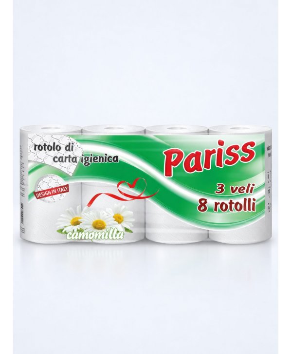 Hârtie Igienică PARISS – 3 Straturi | 100% Celuloză | 8 Role | Parfum Mușețel Hârtie Igienică PARISS – 3 Straturi | 100% Celuloză | 8 Role | Parfum Mușețel