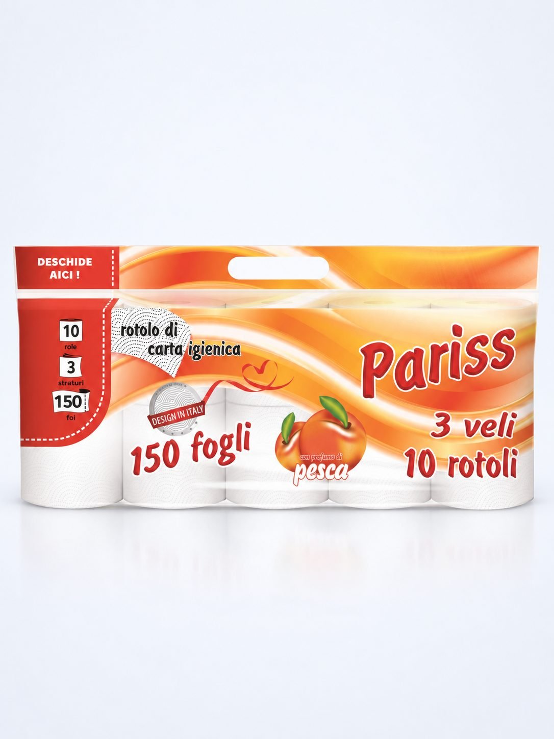 Hârtie Igienică PARISS –  3 Straturi | 100% Celuloză | 10 Role | Parfum Piersică