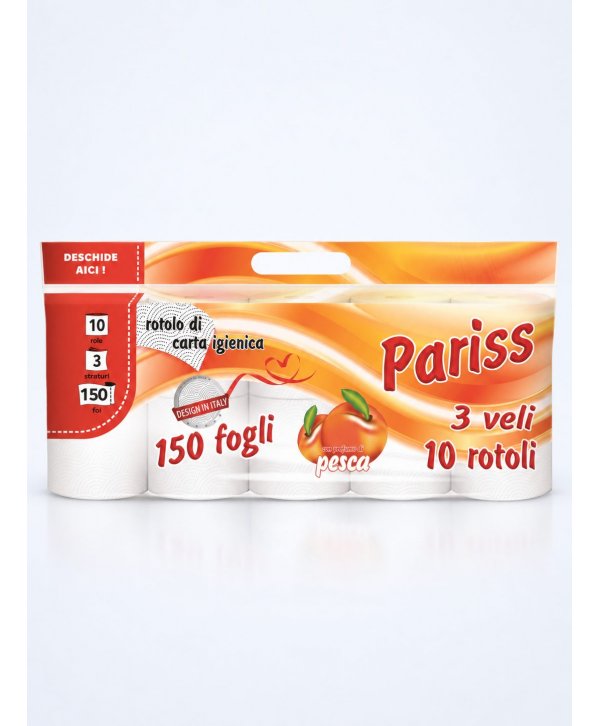 Hârtie Igienică PARISS – 3 Straturi | 100% Celuloză | 10 Role | Parfum Piersică Hârtie Igienică PARISS – 3 Straturi | 100% Celuloză | 10 Role | Parfum Piersică