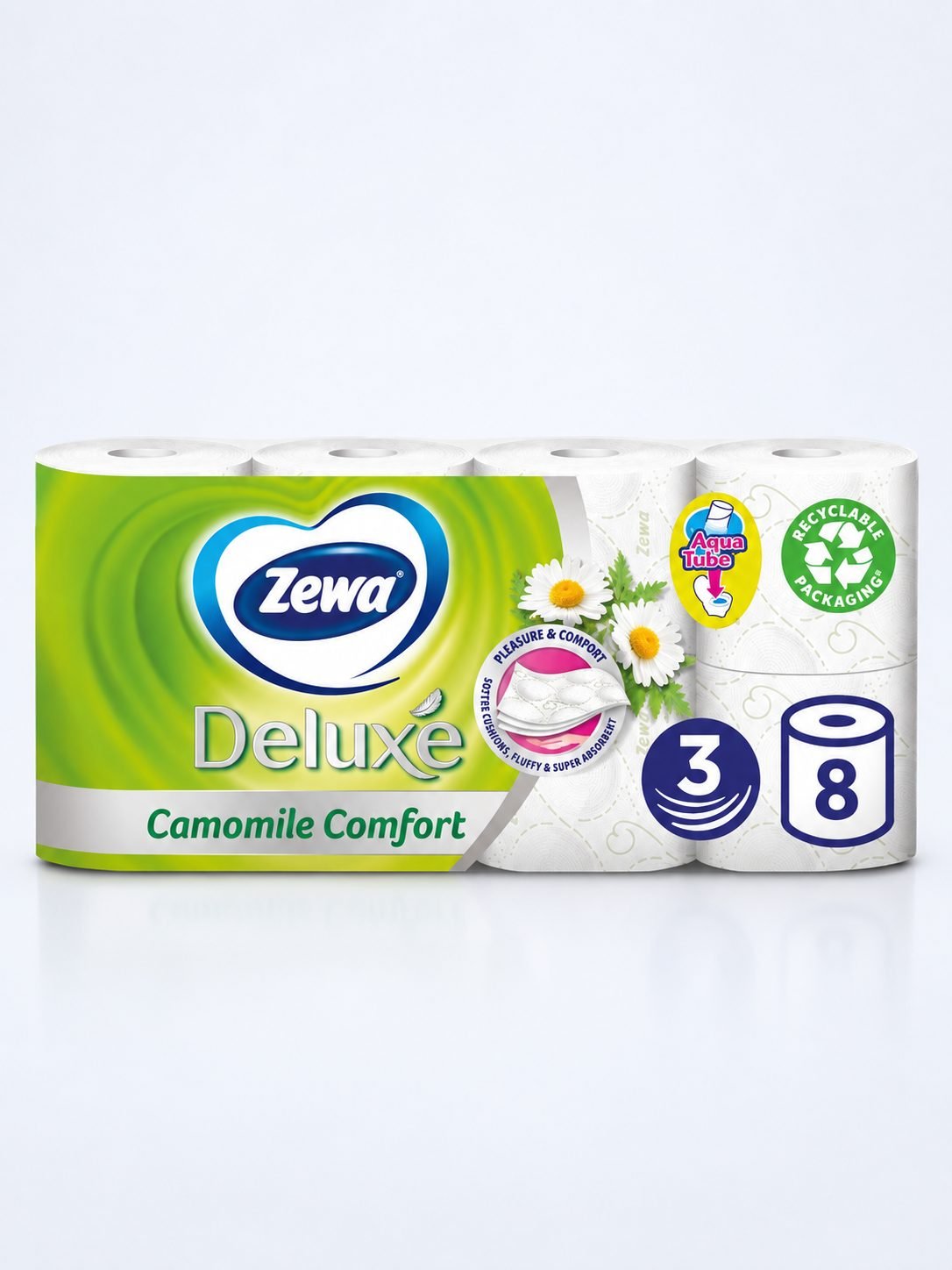 Hârtie Igienică Zewa Deluxe Camomile Comfort - 8 role/box – Delicatețe și Protecție Pentru Pielea Ta