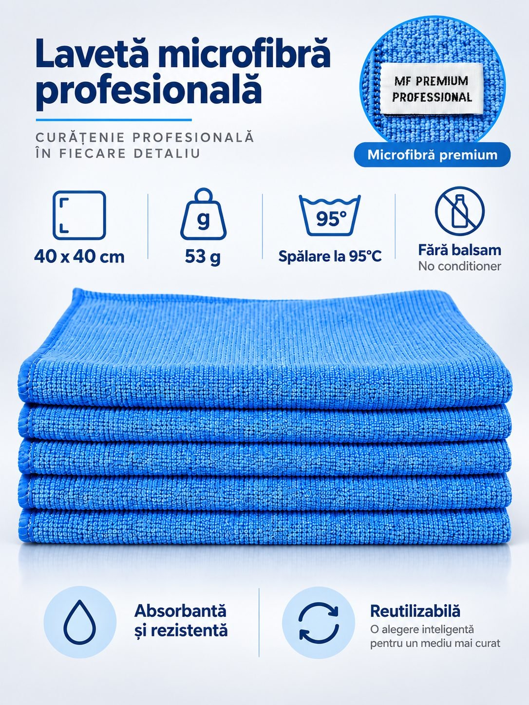 Pachet 5 lavete microfibră PREMIUM PROFESSIONAL 40×40 cm, 53 g – Albastru pentru Spații Administrative și Zone Comune