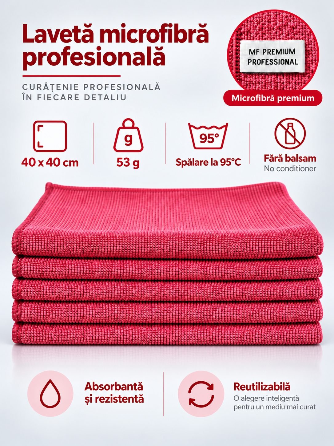 Pachet 5 lavete microfibră PREMIUM PROFESSIONAL 40×40 cm, 53 g – Roșu pentru Toalete și Zone de Deșeuri