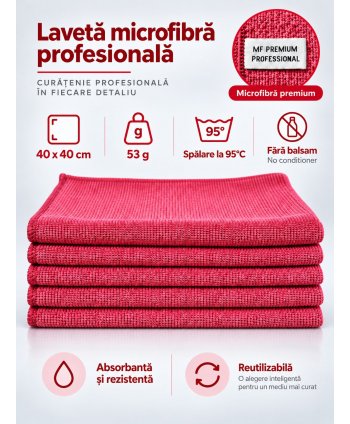 Pachet 5 lavete microfibră PREMIUM PROFESSIONAL 40×40 cm, 53 g – Roșu pentru Toalete și Zone de Deșeuri