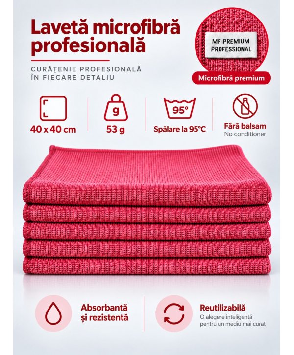 Pachet 5 lavete microfibră PREMIUM PROFESSIONAL 40×40 cm, 53 g – Roșu pentru Toalete și Zone de Deșeuri Pachet 5 lavete microfibră PREMIUM PROFESSIONAL 40×40 cm, 53 g – Roșu pentru Toalete și Zone de Deșeuri