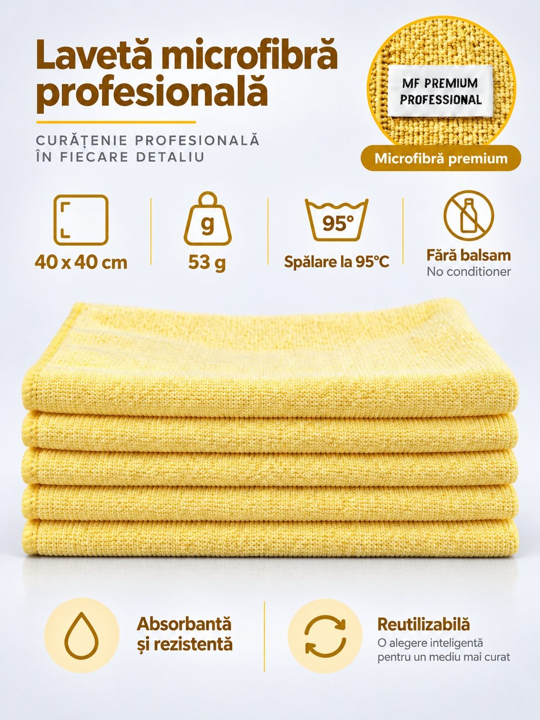 Pachet 5 lavete microfibră PREMIUM PROFESSIONAL 40×40 cm, 53 g – Galben pentru Suprafețe din Băi și Spații Sanitare
