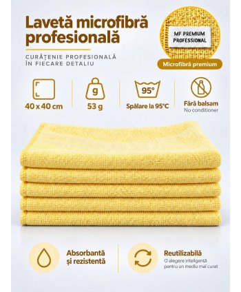 Pachet 5 lavete microfibră PREMIUM PROFESSIONAL 40×40 cm, 53 g – Galben pentru Suprafețe din Băi și Spații Sanitare