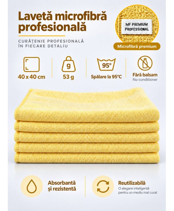 Pachet 5 lavete microfibră PREMIUM PROFESSIONAL 40×40 cm, 53 g – Galben pentru Suprafețe din Băi și Spații Sanitare Pachet 5 lavete microfibră PREMIUM PROFESSIONAL 40×40 cm, 53 g – Galben pentru Suprafețe din Băi și Spații Sanitare