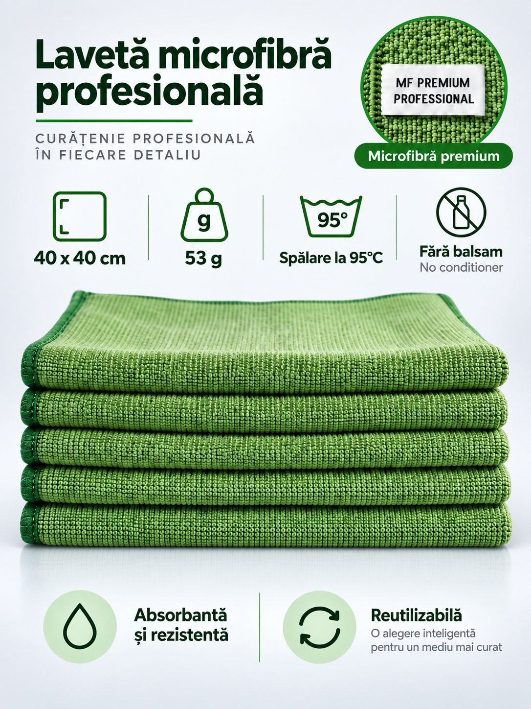 Pachet 5 lavete microfibră PREMIUM PROFESSIONAL 40×40 cm, 53 g – Verde pt Zone de Preparare / Servire Alimente