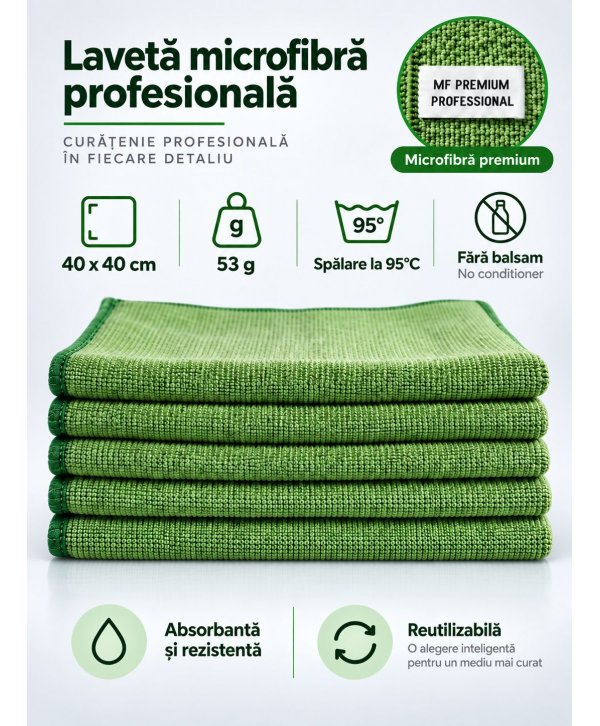 Pachet 5 lavete microfibră PREMIUM PROFESSIONAL 40×40 cm, 53 g – Verde pt Zone de Preparare / Servire Alimente Pachet 5 lavete microfibră PREMIUM PROFESSIONAL 40×40 cm, 53 g – Verde pt Zone de Preparare / Servire Alimente