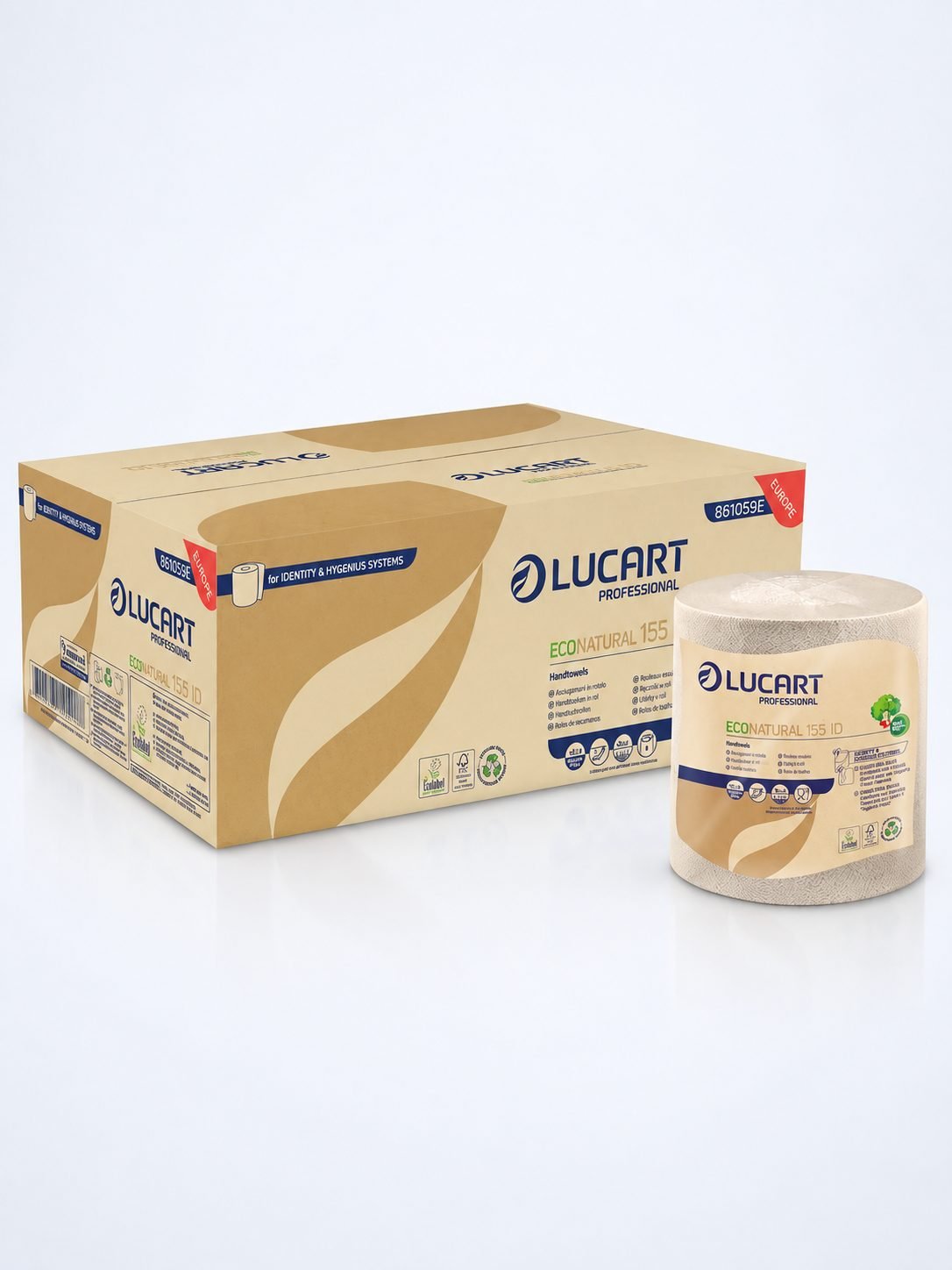 Prosoape de hartie tip rola Autocut 100% ecologice, celuloza Fiberpack® 2 straturi, 155 metri, Lucart 861059, pachet 6 role