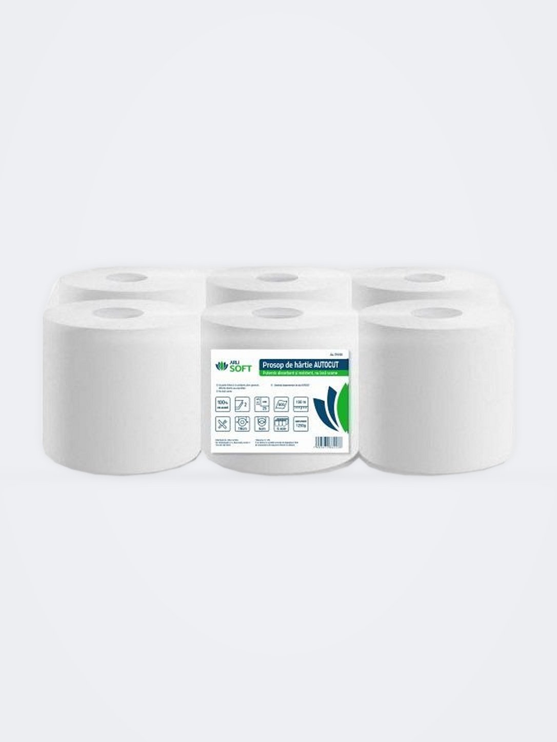 Prosoape de Hartie pentru Stergeri Grele Autocut ArliSoft®, 2 str. celuloza, 150 metri, 1250 grame, 600 portii, pachet 6 role
