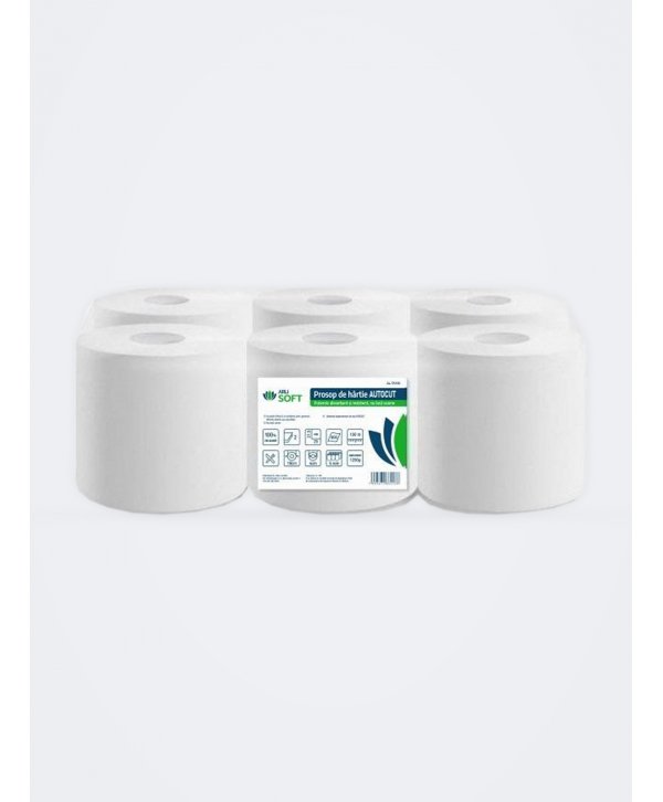 Prosoape de Hartie pentru Stergeri Grele Autocut ArliSoft®, 2 str. celuloza, 150 metri, 1250 grame, 600 portii, pachet 6 role Prosoape de Hartie pentru Stergeri Grele Autocut ArliSoft®, 2 str. celuloza, 150 metri, 1250 grame, 600 portii, pachet 6 role