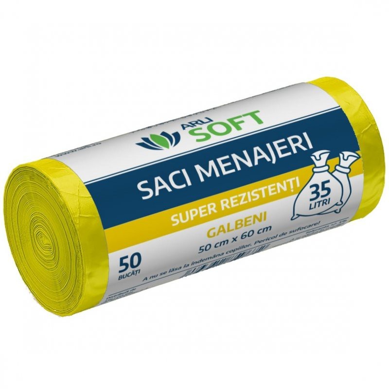  Saci menajeri - - Saci Menajeri Galbeni 🟡  35 Litri ArliSoft® 50 buc/rola – Super Rezistenți pentru Colectarea Selectivă a Deșeurilor - arli.ro